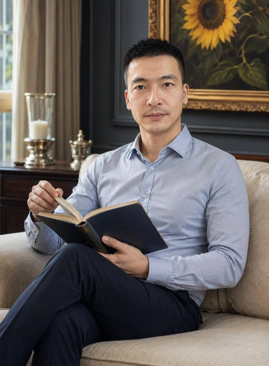 張宏淼身著淺藍色襯衫,坐在沙發上閱讀書籍